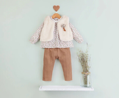 Toptan Kız Çocuk 3'lü Peluş Yelekli Triko Taytlı Takım 6-18M BabyRose 1002-4697 - BabyRose (1)