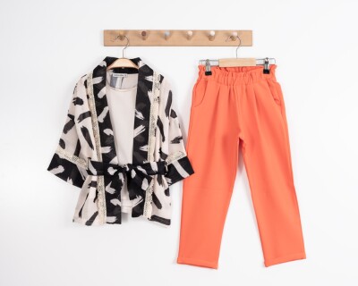 Toptan Kız Çocuk 3'lü Tunikli Ceket, Tişört ve Pantolon Takımı 3-7Y Moda Mira 1080-7098 - 1