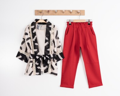 Toptan Kız Çocuk 3'lü Tunikli Ceket, Tişört ve Pantolon Takımı 3-7Y Moda Mira 1080-7098 Kırmızı