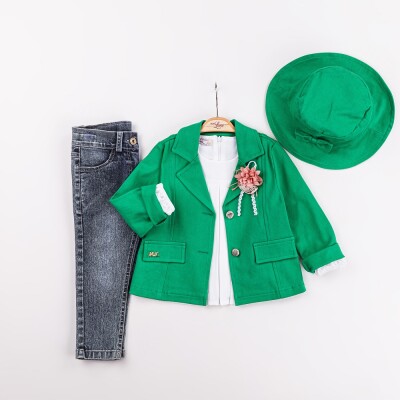 Toptan Kız Çocuk 4'lü Ceket, Badi, Şapka ve Pantolon Takım 2-6Y Miss Lore 1055-5608 Yeşil