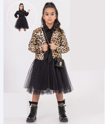 Toptan Kız Çocuk 4'Lü Ceket, Elbise, Çanta Ve Pantolon Takımı 10-13Y Gocoland 2008-5590 Siyah