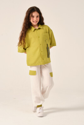 Toptan Kız Çocuk Aksesuar Detaylı, Cepli, Kısa Kollu Gömlek 8-15Y Jazziee 2051-241Z4ALS81 Yeşil