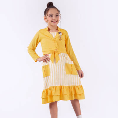 Toptan Kız Çocuk B0lerolu Elbise 11-14Y Pafim 2041-Y23-3289 Sarı