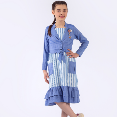 Toptan Kız Çocuk B0lerolu Elbise 11-14Y Pafim 2041-Y23-3289 Sax Mavisi