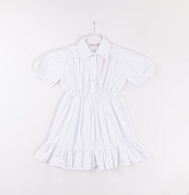 Toptan Kız Çocuk Balon Kol Elbise 7-10Y Büşra Bebe 1016-24119 Beyaz