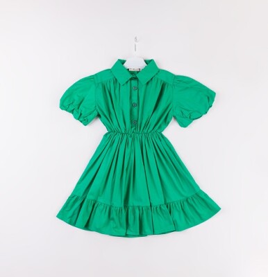 Toptan Kız Çocuk Balon Kol Elbise 7-10Y Büşra Bebe 1016-24119 Yeşil