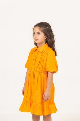 Toptan Kız Çocuk Balon Kol Elbise 7-10Y Büşra Bebe 1016-24119 Turuncu