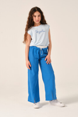 Toptan Kız Çocuk Baskılı Kolsuz T-shirt 8-15Y Jazziee 2051-241Z4ALB51 Mavi