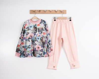 Toptan Kız Çocuk Batik Bluzlu Takım 3-7Y Moda Mira 1080-7104 Açık Pembe