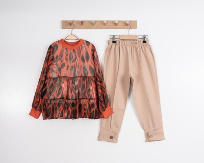Toptan Kız Çocuk Batik Bluzlu Takım 3-7Y Moda Mira 1080-7104 Somon