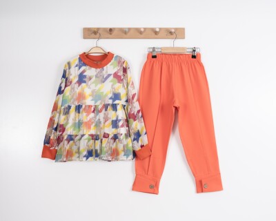 Toptan Kız Çocuk Batik Bluzlu Takım 3-7Y Moda Mira 1080-7104 Açık Turuncu