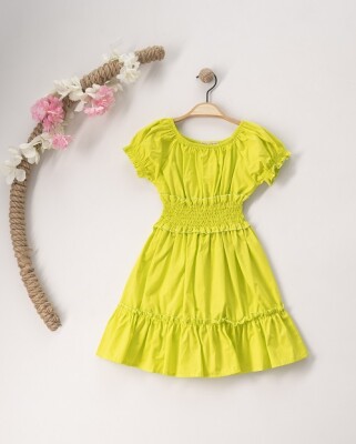 Toptan Kız Çocuk Büzgülü Elbise 7-10Y Büşra Bebe 1016-23121 Neon Yeşil