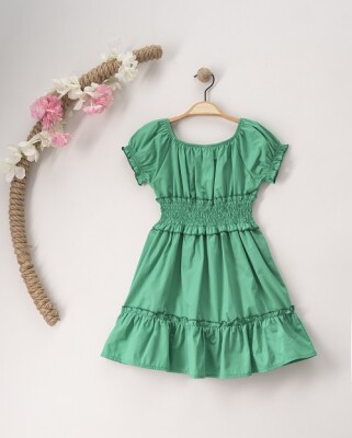 Toptan Kız Çocuk Büzgülü Elbise 7-10Y Büşra Bebe 1016-23121 Yeşil