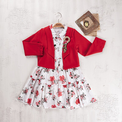 Toptan Kız Çocuk Ceket ve Elbise Takımı 5-8Y Elayza 2023-2203 Kırmızı