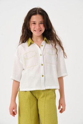 Toptan Kız Çocuk Cep Desen Detaylı Kısa Kollu Gömlek 8-15Y Jazziee 2051-241Z4ALN81 Yeşil
