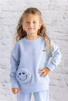 Toptan Kız Çocuk Cep Detaylı Baskılı Sweatshirt 1-12Y Zeyland 1070-252Z4KEP61 Mavi