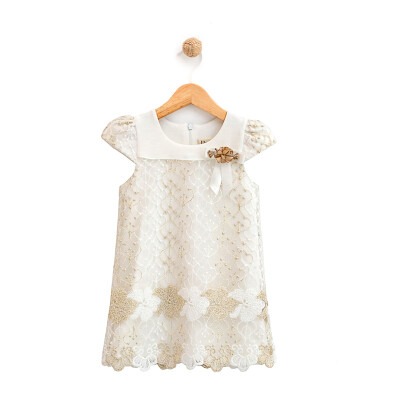 Toptan Kız Çocuk Çiçek Aksesuarlı Güpürlü Elbise 2-5Y Lilax 1049-6073 - 1