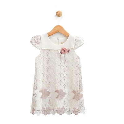 Toptan Kız Çocuk Çiçek Aksesuarlı Güpürlü Elbise 2-5Y Lilax 1049-6073 - Lilax (1)