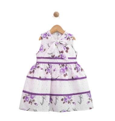Toptan Kız Çocuk Çiçek Baskılı Brode Elbise 2-5Y Lilax 1049-5951 - 1