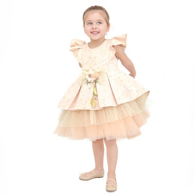 Toptan Kız Çocuk Çiçek Detaylı Jakarlı Elbise 2-5Y Lilax 1049-6034 - 1
