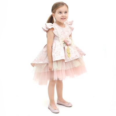 Toptan Kız Çocuk Çiçek Detaylı Jakarlı Elbise 2-5Y Lilax 1049-6034 - Lilax (1)