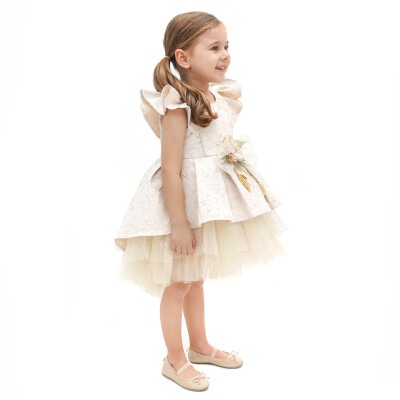 Toptan Kız Çocuk Çiçek Detaylı Jakarlı Elbise 2-5Y Lilax 1049-6034 Bej