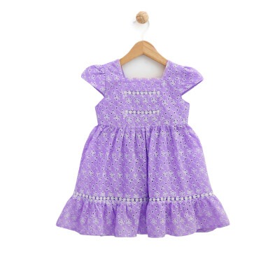 Toptan Kız Çocuk Çiçekli Brode Elbise 2-5Y Lilax 1049-5950 Lila