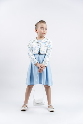 Toptan Kız Çocuk Çiçekli Ceketli Çantalı Elbise 4-7Y Eray Kids 1044-13256 Mavi