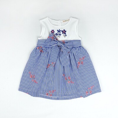 Toptan Kız Çocuk Çizgili Elbise 3-6Y Büşra Bebe 1016-23165 Sax Mavisi