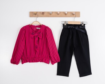 Toptan Kız Çocuk Çizgili Fiyonklu Bluz Takım 3-7Y Moda Mira 1080-7114 - 2
