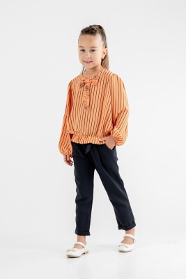 Toptan Kız Çocuk Çizgili Fiyonklu Bluz Takım 3-7Y Moda Mira 1080-7114 Turuncu