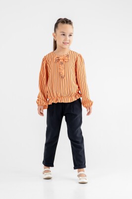Toptan Kız Çocuk Çizgili Fiyonklu Bluz Takım 8-12Y Moda Mira 1080-7115 Turuncu