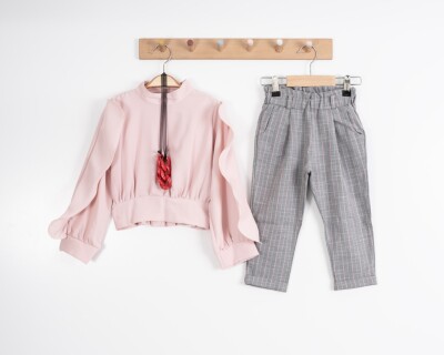 Toptan Kız Çocuk Çizgili Pantolonlu Bluz Takım 3-7Y Moda Mira 1080-7120 Pudra