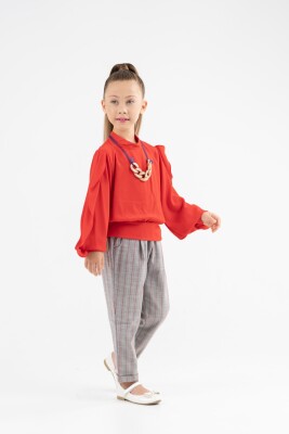 Toptan Kız Çocuk Çizgili Pantolonlu Bluz Takım 8-12Y Moda Mira 1080-7121 Kırmızı