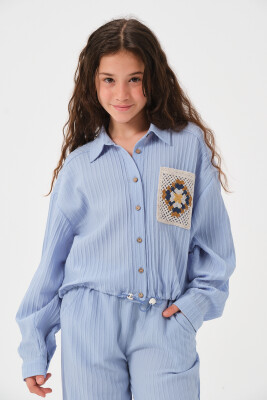 Toptan Kız Çocuk Dantel Cep Detaylı Uzun Kollu Gömlek 8-15Y Jazziee 2051-241Z4ALT81 Mavi