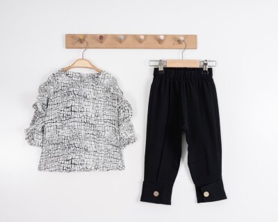 Toptan Kız Çocuk Deseni Bluz ve Pantolon Takım 8-12Y Moda Mira 1080-7066 Ekru