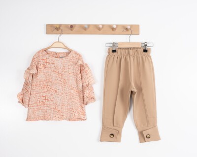 Toptan Kız Çocuk Deseni Bluz ve Pantolon Takım 8-12Y Moda Mira 1080-7066 Somon