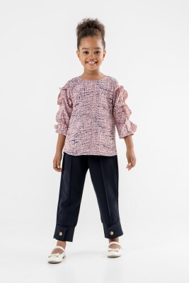 Toptan Kız Çocuk Desenli Bluz ve Pantolon Takım 3-7Y Moda Mira 1080-7065 - Moda Mira