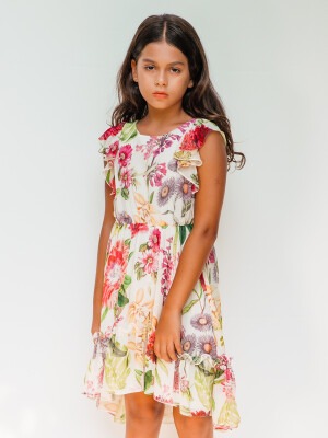 Toptan Kız Çocuk Desenli Elbise 4-12Y Sheshe 1083-DSL0135 - 1
