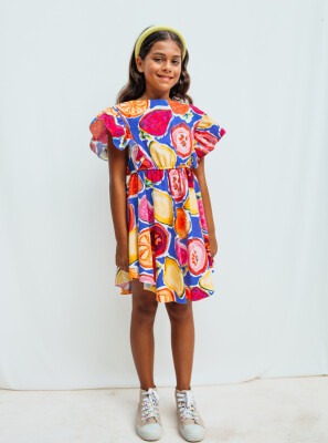 Toptan Kız Çocuk Desenli Elbise 4-12Y Sheshe 1083-DSL0172 - Sheshe