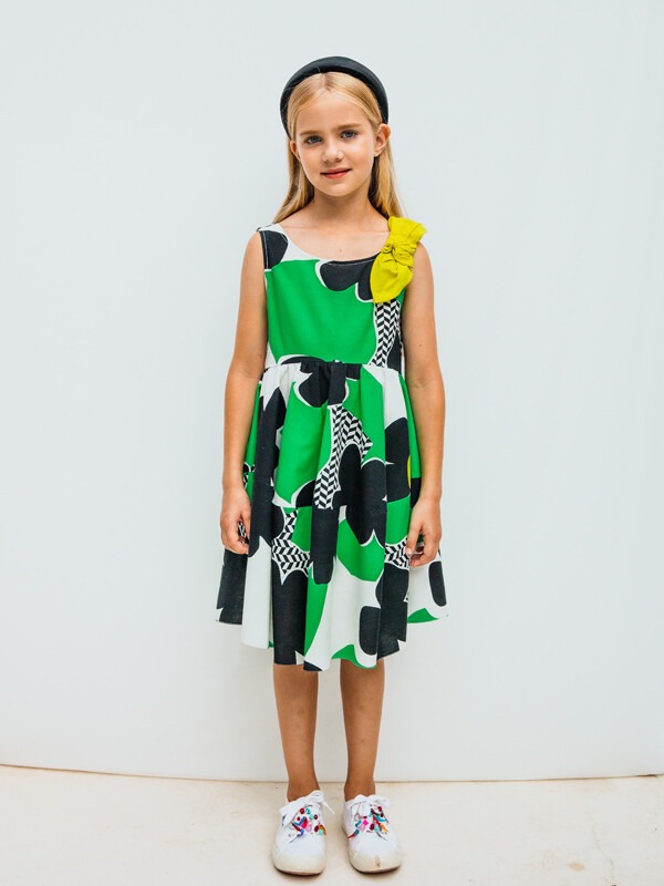 Toptan Kız Çocuk Desenli Elbise 4-12Y Sheshe 1083-DSL0178 - 1