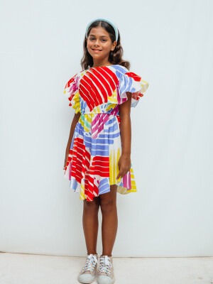 Toptan Kız Çocuk Desenli Elbise 4-12Y Sheshe 1083-DSL0812 - 1