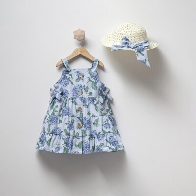 Toptan Kız Çocuk Desenli Elbise ve Şapka 2-5Y Cumino 1014-CMN3315 Mavi