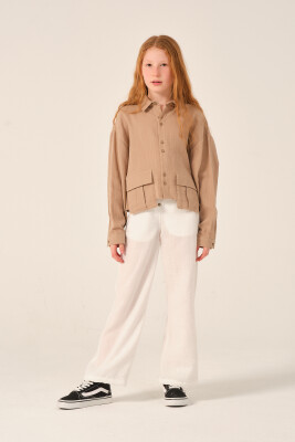 Toptan Kız Çocuk Düğme Detaylı Bol Paça Pantolon 8-15Y Jazziee 2051-241Z4ALE01 Beyaz