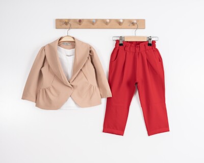 Toptan Kız Çocuk Düz Ceketli 3,lü Takım Ceket T-Shirt Pantolon 8-12Y Moda Mira 1080-7127 Pudra