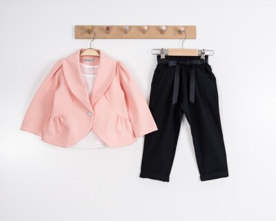 Toptan Kız Çocuk Düz Ceketli 3,lü Takım Ceket T-Shirt Pantolon 8-12Y Moda Mira 1080-7127 Somon