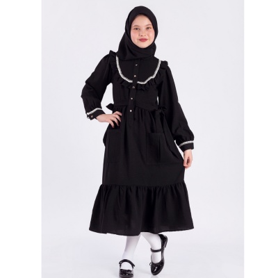 Toptan Kız Çocuk Eşarplı Elbise 7-10Y Pafim 2041-Y22-2348 Siyah