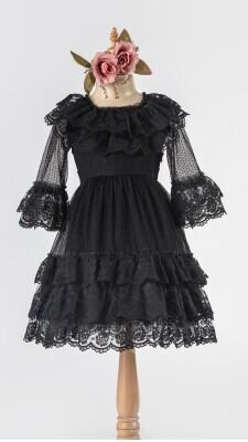 Toptan Kız Çocuk Fırfırlı Elbise 6-12Y Tivido 1042-2490 Siyah