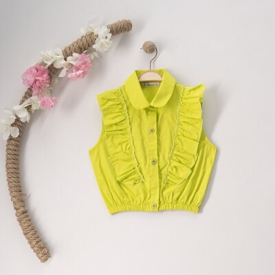 Toptan Kız Çocuk Fırfırlı Gömlek 7-10Y Büşra Bebe 1016-23128 Neon Yeşil