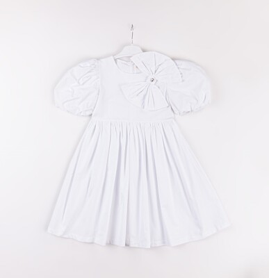 Toptan Kız Çocuk Fiyonklu Elbise 7-10Y Büşra Bebe 1016-24122 Beyaz